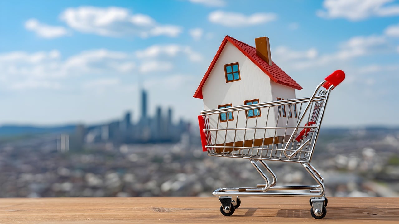 ai generated, house, model, shopping cart, city, skyline, real estate, investment, property, buy, sale, urban, market, design, miniature, architecture, home, construction, housing, ownership, nature, outdoor, business, lifestyle